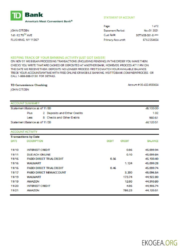 Modèle de relevé bancaire USA TD au format de fichier .xls et .pdf
